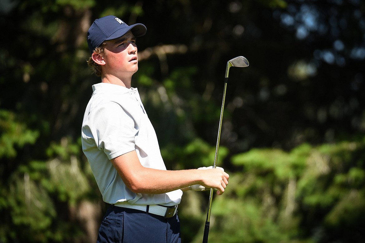 Will Salonen watches his tee shot on the 16th hole of the South Course  during the opening round of the Earl Hunt 4th of July Tournament at Whitefish Lake Golf Club on Thursday, July 1. (Casey Kreider/Daily Inter Lake)