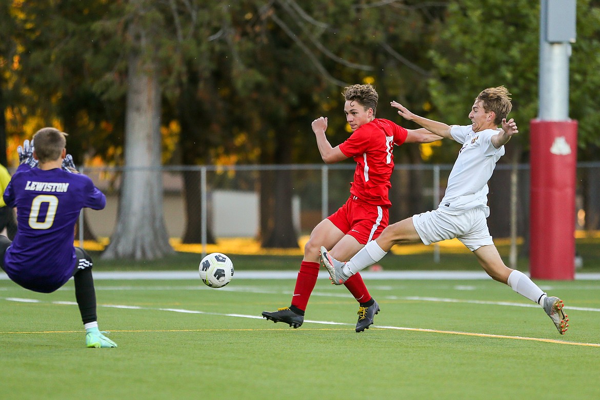 Aidan Smith scores his first goal during Tuesday's match against Lewiston.