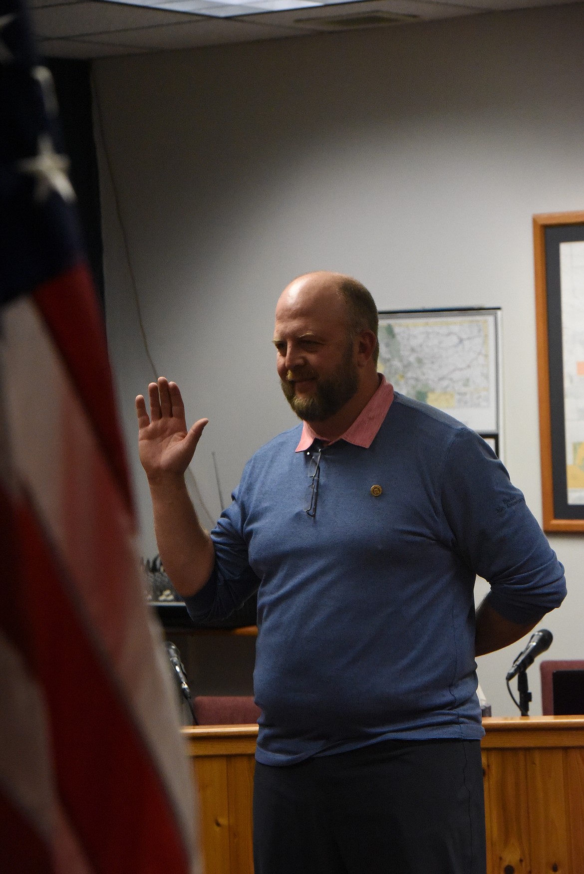 Zacharia McNew is sworn in as a Libby city councilor Sept. 20. (Derrick Perkins/The Western News)