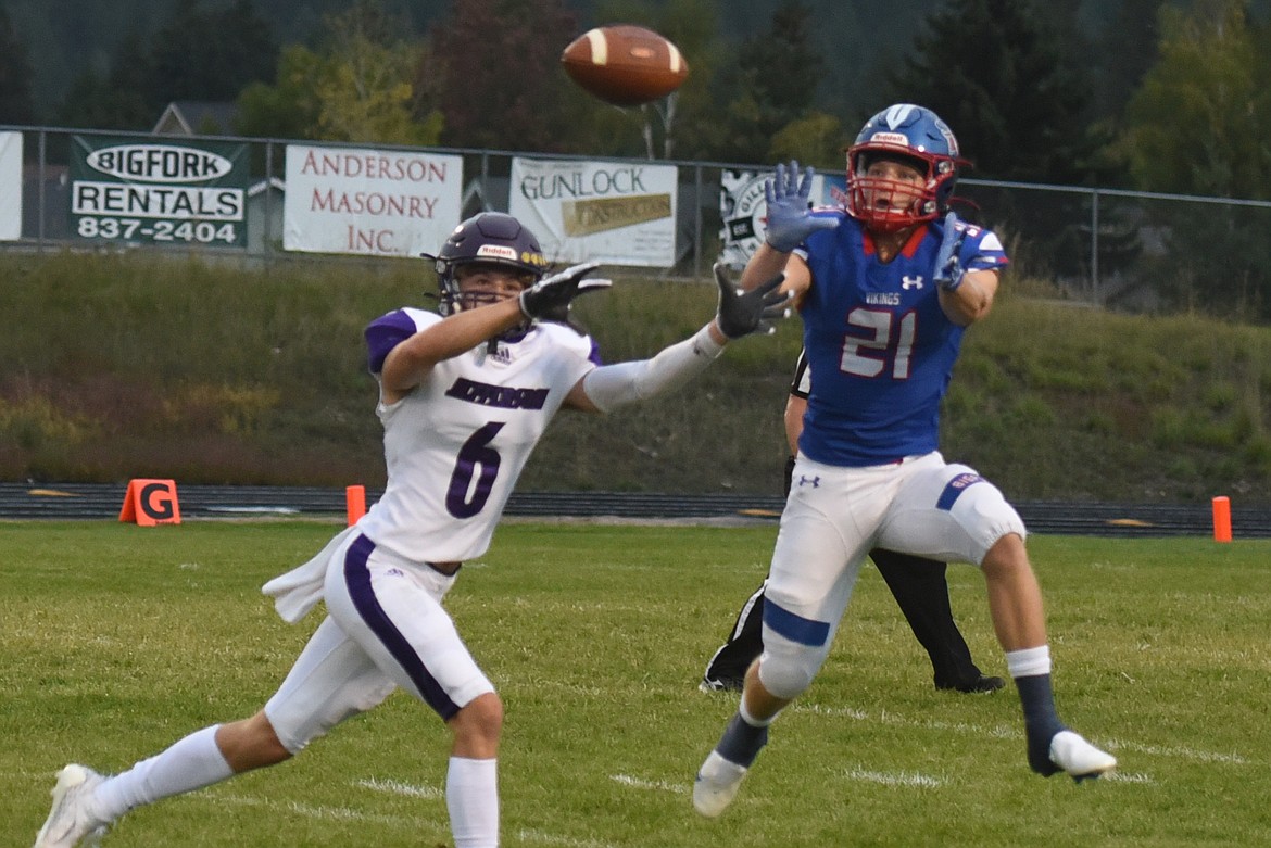 Bigfork defender Jackson Abney looks to intercept a pass intended for Jefferson's Joey Visser in the first quarter Friday. (Jeremy Weber/Bigfork Eagle)