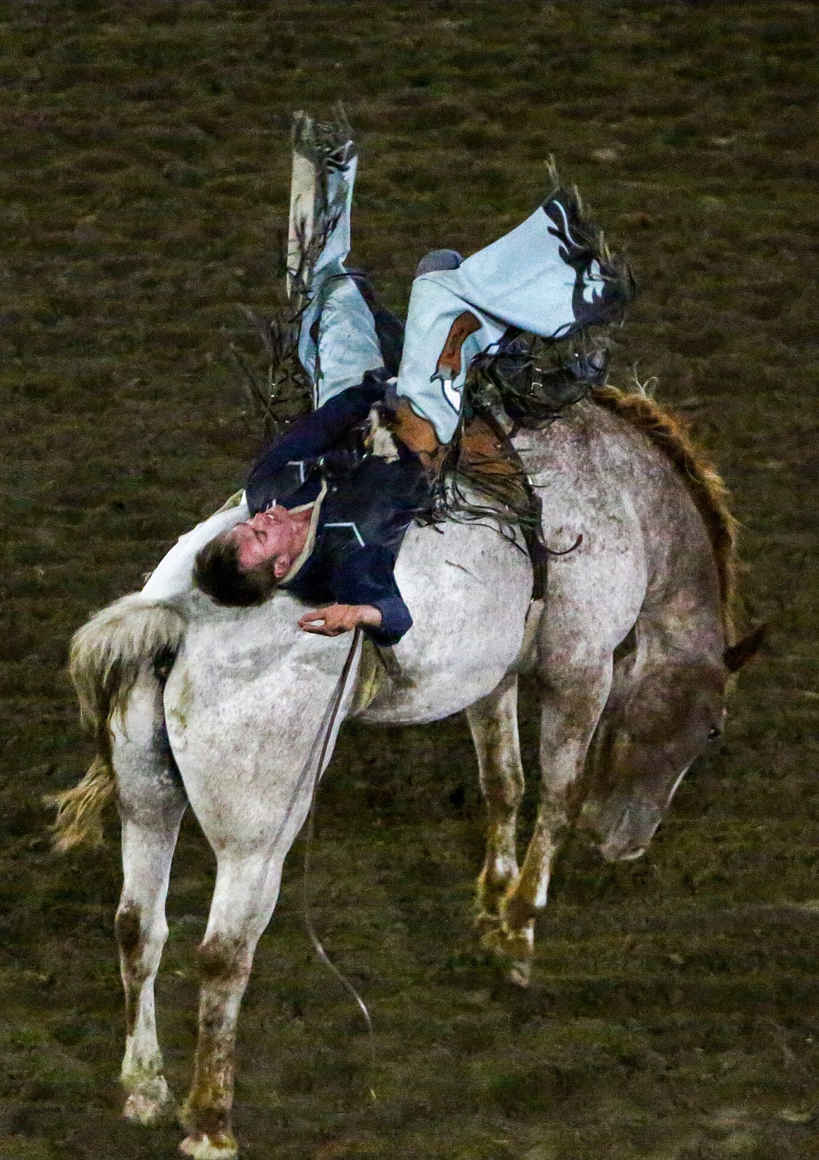Saddle bronc rider Colton Clemens’ body goes one way while his horse goes another on Saturday night at the Othello PRCA Rodeo.