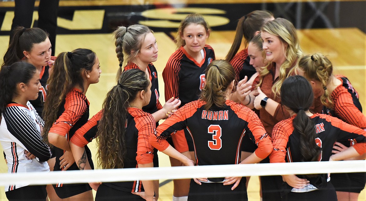 Ronan head coach Lacey Phelan talks with her team during a timeout. (Scot Heisel/Lake County Leader)