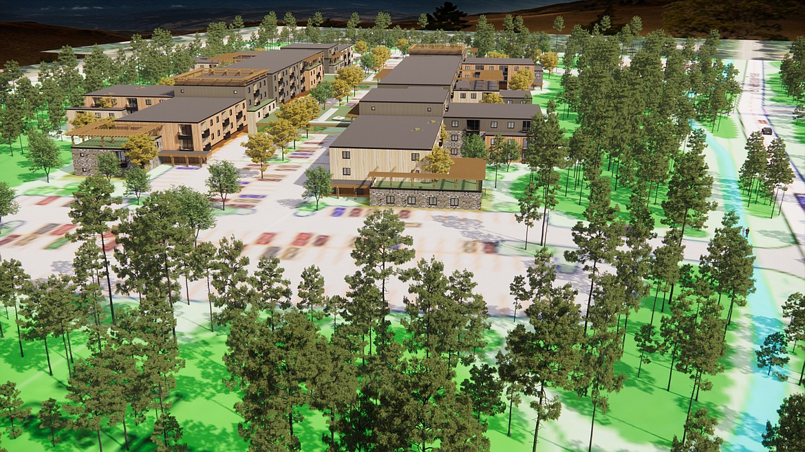 This rendering shows a large housing development proposed at the intersection of Big Mountain Road and East Lakeshore Drive. The proposal is scheduled for consideration by the Whitefish Planning Board.