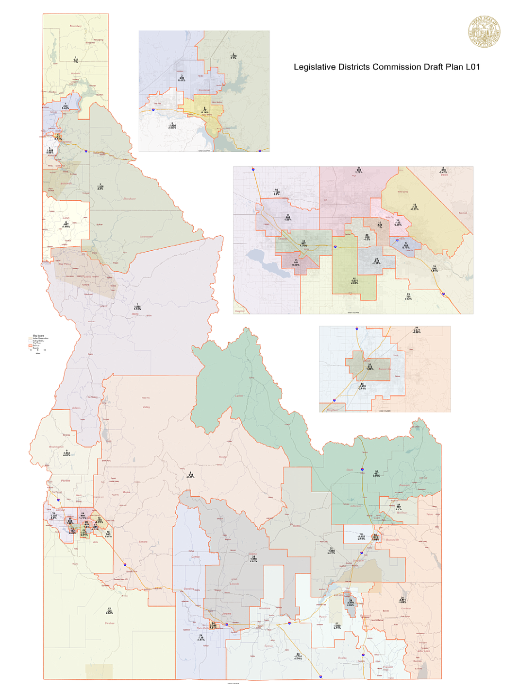 A district map proposed by the Commission for Reapportionment on Wednesday. The map as currently presented is not expected to be the final proposal for new legislative districts, according to commissioners. 
"We wanted to at least put something up for you to throw rocks at." said Commissioner Bart Davis at Wednesday's meeting.