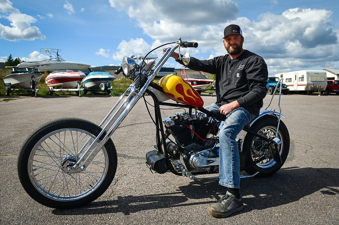 Nate Gebhart, of Kalispell, sits on his custom 1972 Harley Davidson Ironhead he won in a fundraiser held by the Veterans Coalition of Northwest Montana to raise money for a Question, Persuade and Refer suicide awareness program for veterans. The bike was built by Jeff Peterson of Bodhisattva Cycles.