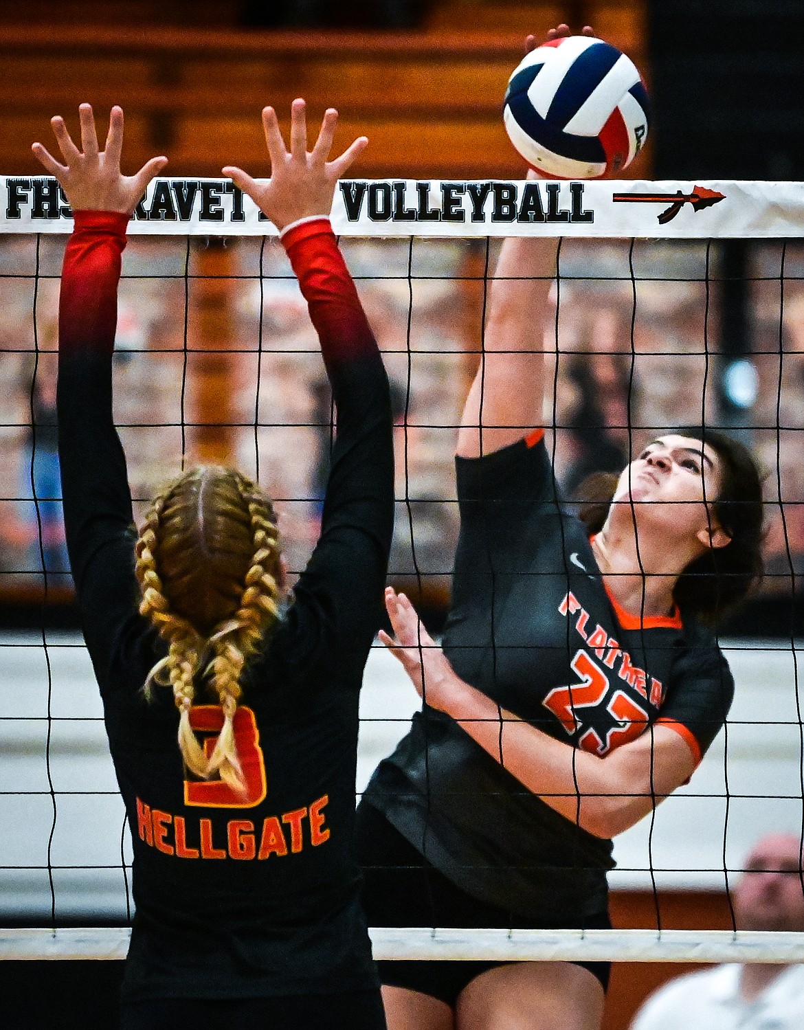 Flathead's Savanna Sterck (23) goes up for a kill against Missoula Hellgate at Flathead High School on Thursday, Sept. 23. (Casey Kreider/Daily Inter Lake)