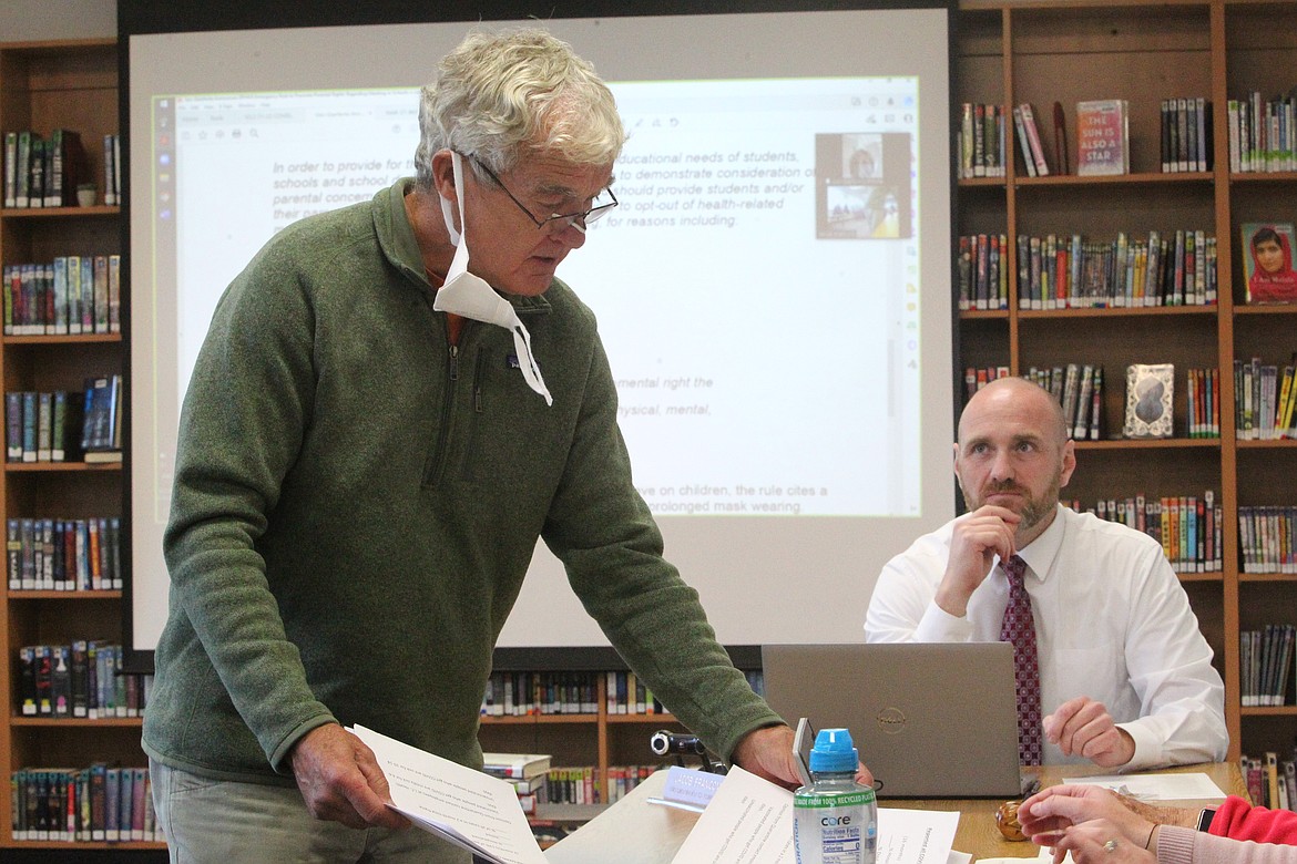Jim Seifert, Lincoln County health board member, updates Troy School Board members on the severity of the recent coronavirus surge during a Sept. 20 meeting. (Will Langhorne/The Western News)