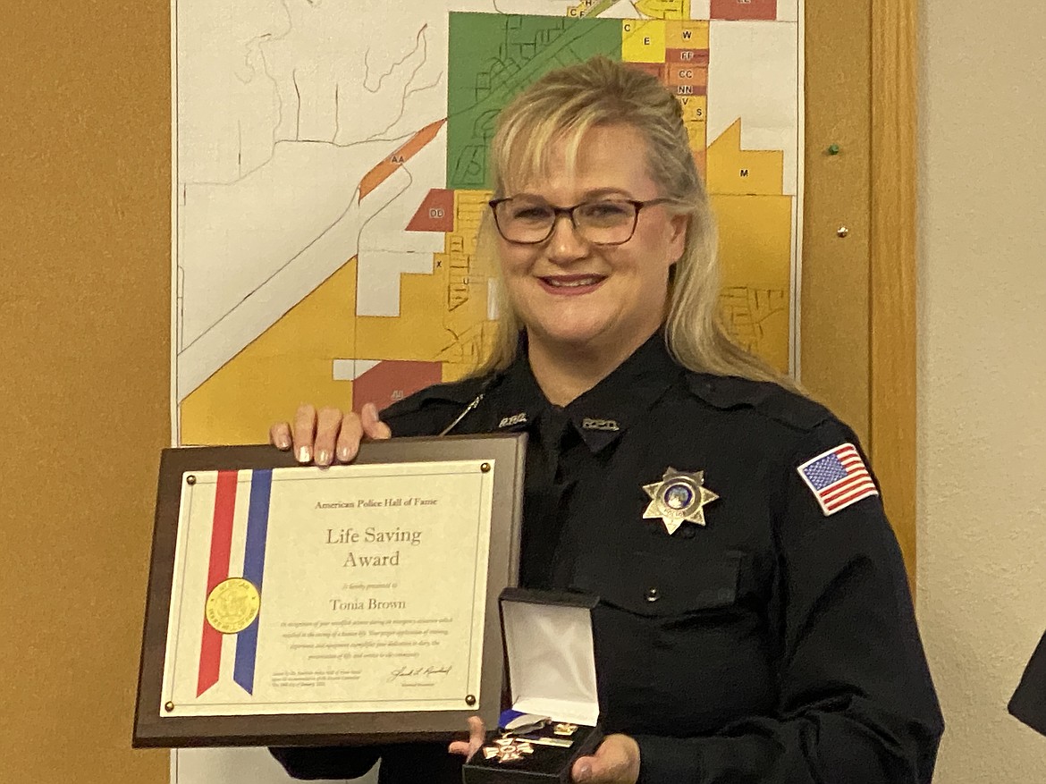 Rathdrum Police officer, Tonia Brown, was presented the Life Saving Award from the American Police Hall of Fame on Wednesday. Officer Brown saved a woman's life on July 12, 2020 following a vehicle collision.