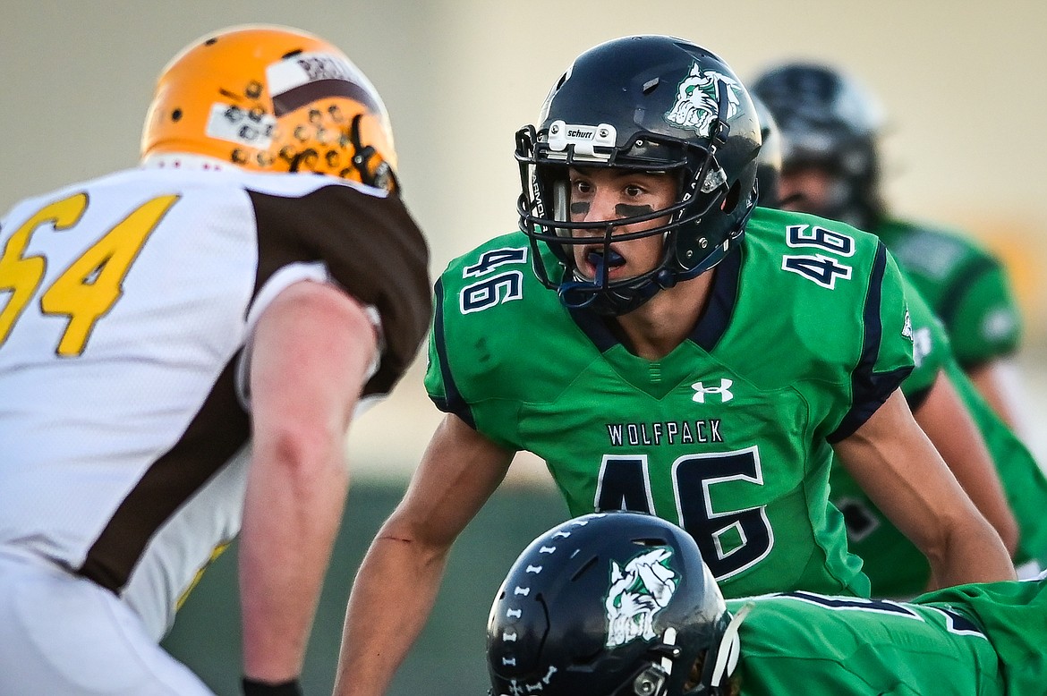 Glacier linebacker Royce Conklin (46) awaits an offensive play by Helena Capital in the first quarter at Legends Stadium on Friday, Sept. 24. (Casey Kreider/Daily Inter Lake)