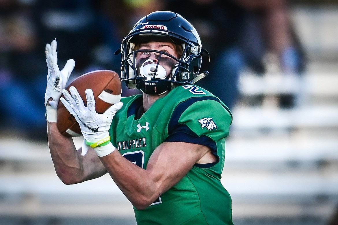 Glacier wide receiver Connor Sullivan (2) catches a touchdown pass in the first quarter against Helena Capital at Legends Stadium on Friday, Sept. 24. (Casey Kreider/Daily Inter Lake)