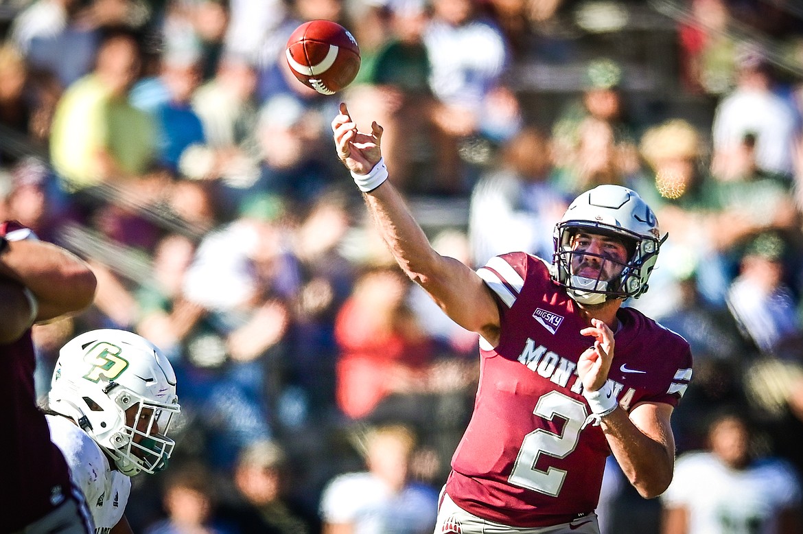 Montana quarterback Cam Humphrey (2) looks to pass in the third quarter against Cal Poly at Washington-Grizzly Stadium on Saturday, Sept. 25. (Casey Kreider/Daily Inter Lake)