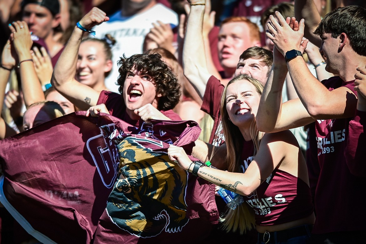 Montana Grizzlies fans cheer in the second quarter against Cal Poly at Washington-Grizzly Stadium on Saturday, Sept. 25. (Casey Kreider/Daily Inter Lake)