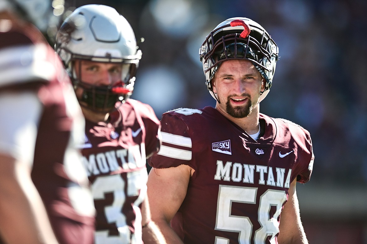 Montana linebacker Patrick O'Connell (58) smiles on the sideline in the fourth quarter against Cal Poly at Washington-Grizzly Stadium on Saturday, Sept. 25. (Casey Kreider/Daily Inter Lake)