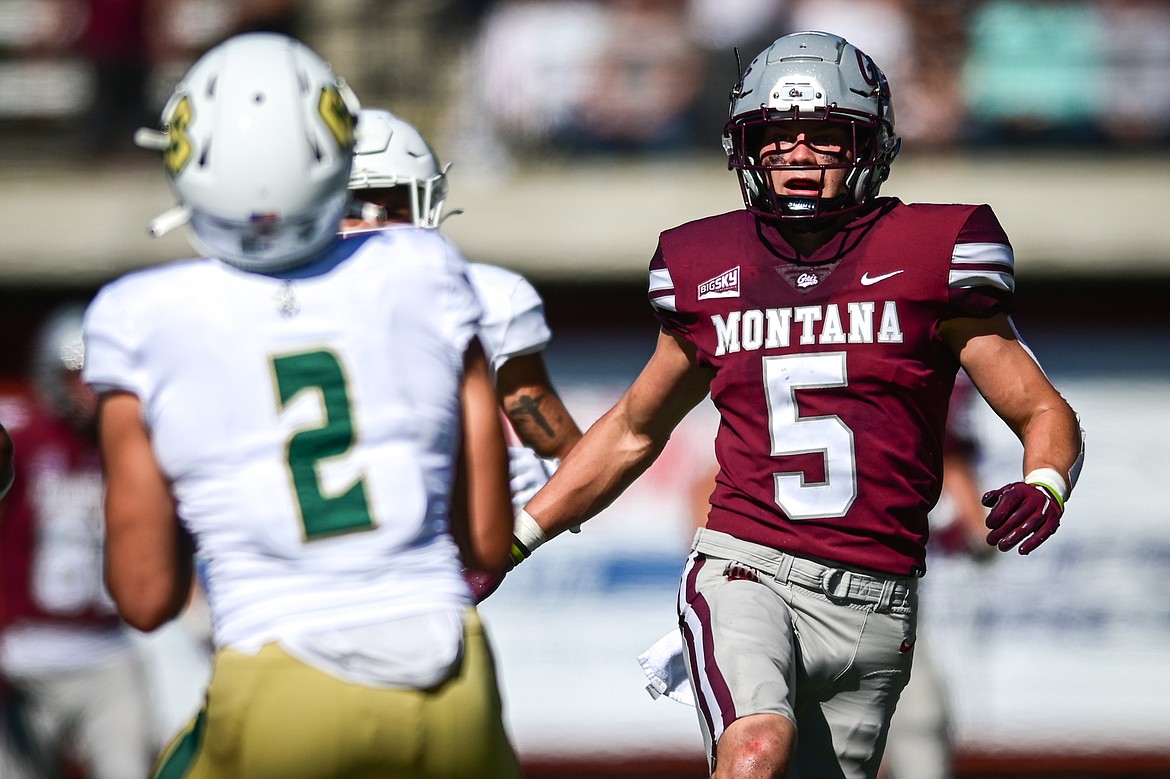 Montana safety Garrett Graves (5) covers a punt against Cal Poly at Washington-Grizzly Stadium on Saturday, Sept. 25. (Casey Kreider/Daily Inter Lake)
