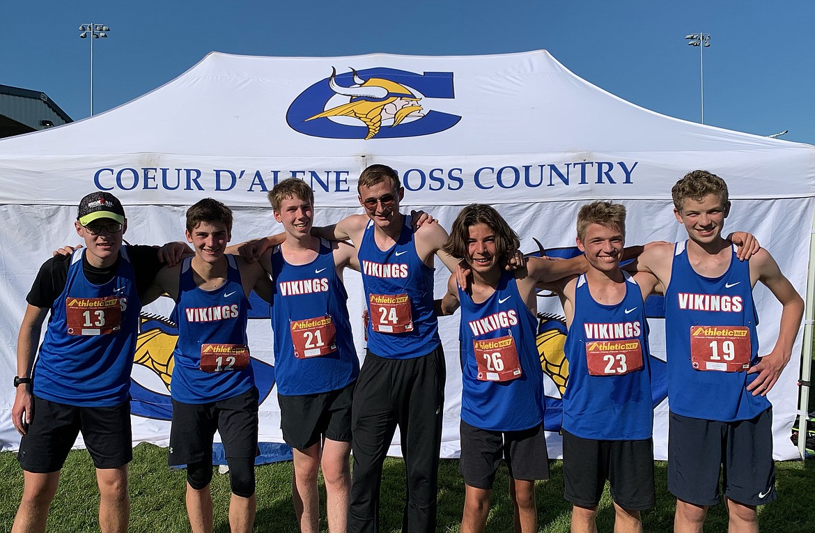 Courtesy photo
Coeur d'Alene's JV boys cross country team finished sixth in the JV race at the Connell (Wash.) Invitational on Saturday. From left are Levi Bird, Josh Averett, Cooper Mack, Jonny Perkins, Canyon Spencer, Ezias Newell and Cameron Hildreth. Bird led the Vikings with a 10th-place finish.