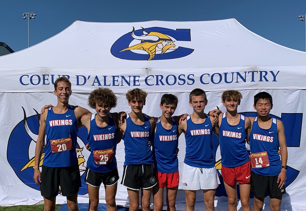 Courtesy photo
Coeur d'Alene's varsity boys cross country team won the Connell (Wash.) Invitational on Saturday. From left are Jacob King, Kyle Rholinger, Zack Cervi-Skinner, Ethan Hickok, Lachlan May, Max Cervi-Skinner and Will Callahan.