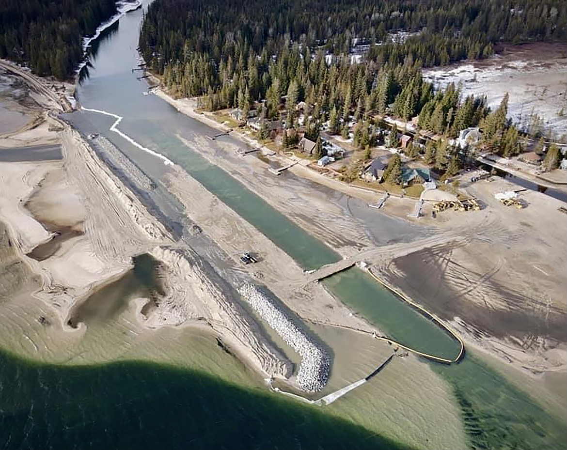 An aerial view of construction on a permanent Breakwater structure on Priest Lake. In the last year, the Idaho Water Resource Board has invested $5 million in the Priest Lake Improvement Project to create a new, permanent Breakwater structure, deepen the Thorofare channel, and add 6 inches of height to the outlet dam.