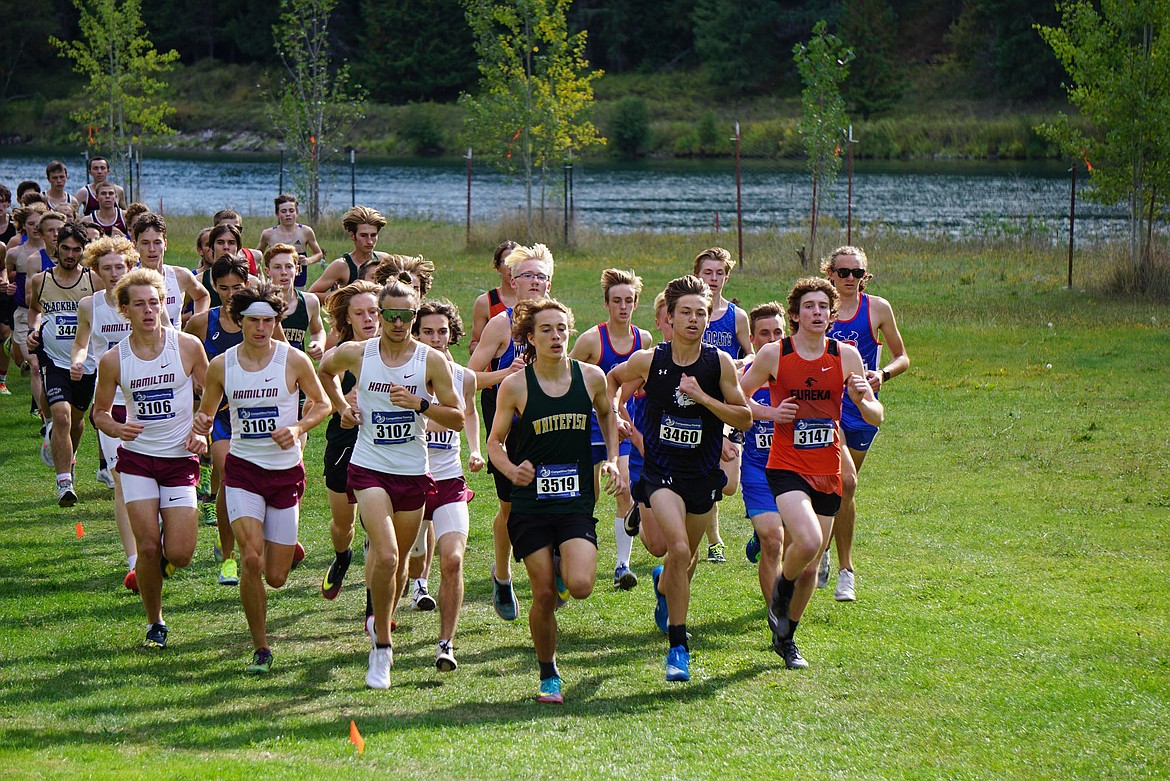 Bulldog Deneb Linton leads the boys varsity race during the opening stages of the race at the Thompson Falls Invitational on Thursday. (Matt Weller photo)