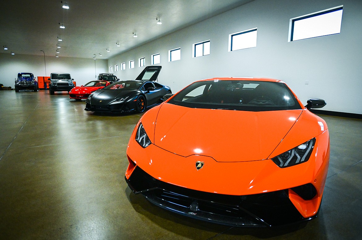 A showroom full of high-end automobiles including Lamborghinis and a Ferrari at SWAE in Columbia Falls on Friday, Sept. 24. (Casey Kreider/Daily Inter Lake)