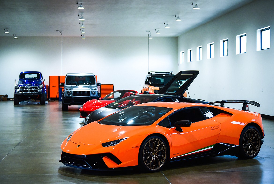 A showroom full of high-end automobiles including Lamborghinis and a Ferrari at SWAE in Columbia Falls on Friday, Sept. 24. (Casey Kreider/Daily Inter Lake)