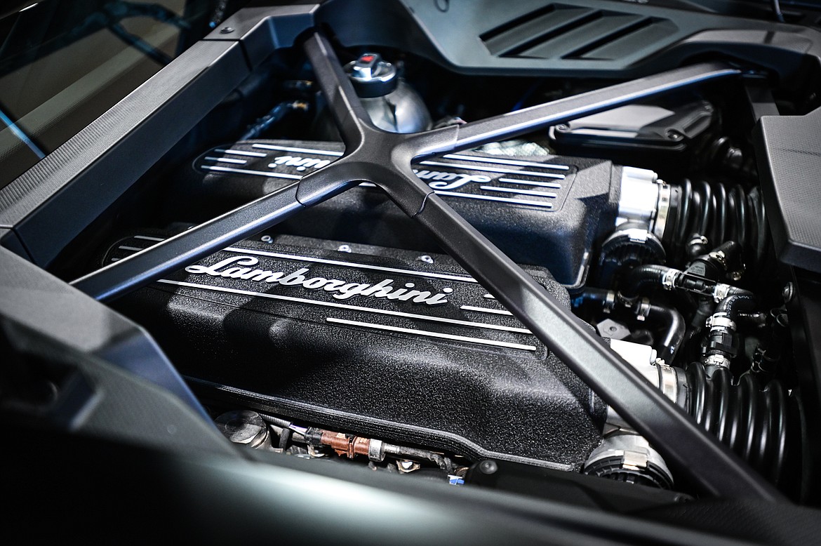 A look under the engine bonnet of a Lamborghini Huracan EVO inside the showroom at SWAE in Columbia Falls on Friday, Sept. 24. (Casey Kreider/Daily Inter Lake)