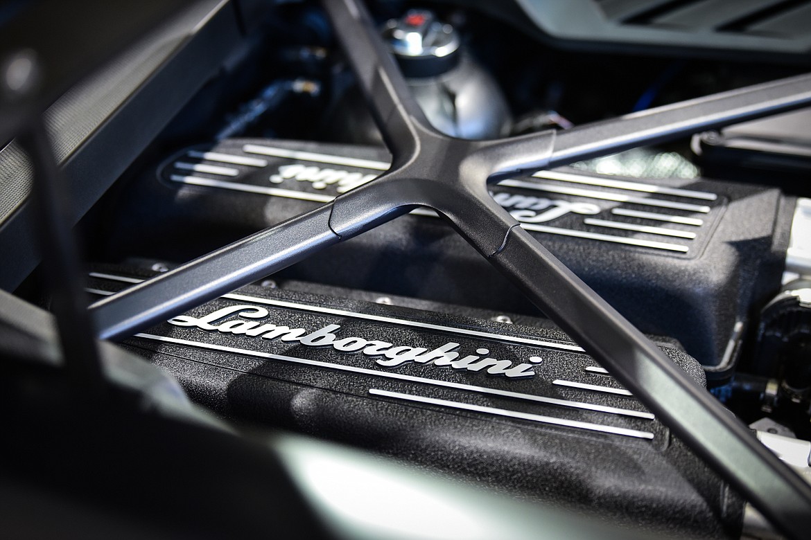 A look under the engine bonnet of a Lamborghini Huracan EVO inside the showroom at SWAE in Columbia Falls on Friday, Sept. 24. (Casey Kreider/Daily Inter Lake)