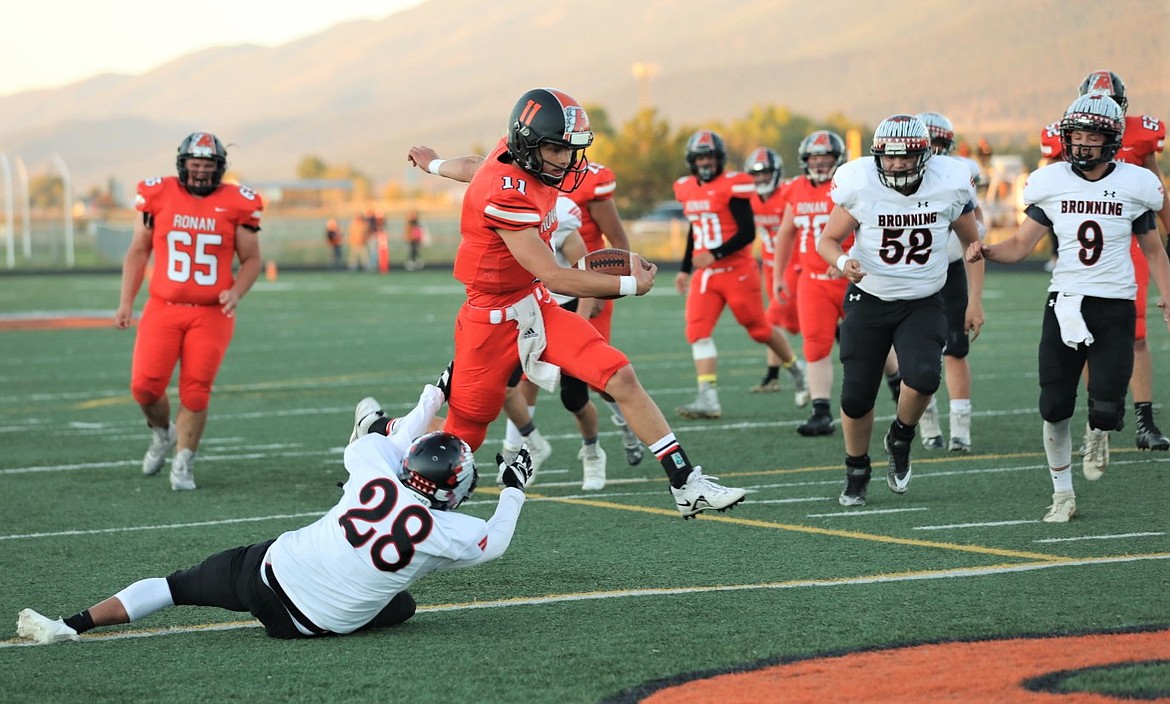 Ronan quarterback Caleb Cheff finds the end zone against Browning. (Courtesy of Susan Lake)