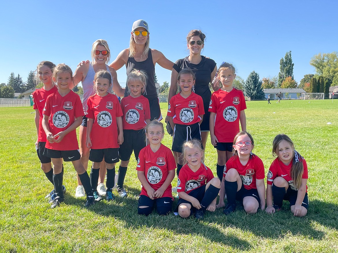 Photo courtesy EMILY BUSCEMA
The Thorns North FC 14 Girls soccer team played three games this weekend against Spokane Sounders Valley, FC Spokane and Sandpoint Strikers, and finished with a win and two ties. Thorns goals were scored by Finley Martin and Audrey Rietze, with an assist from Hatty Lemmon. In the front row from left are Eloise Carper, Avery Doran, Lyla Maestas and Grace Rudd; second row from left, Brielle Buscema, Audrey Rietze, Stella Hartzell, Hatty Lemmon, Finley Martin and Emma Thompson; and back row from left, coaches Jean Carper, Kara Lemmon and Katie Martin.