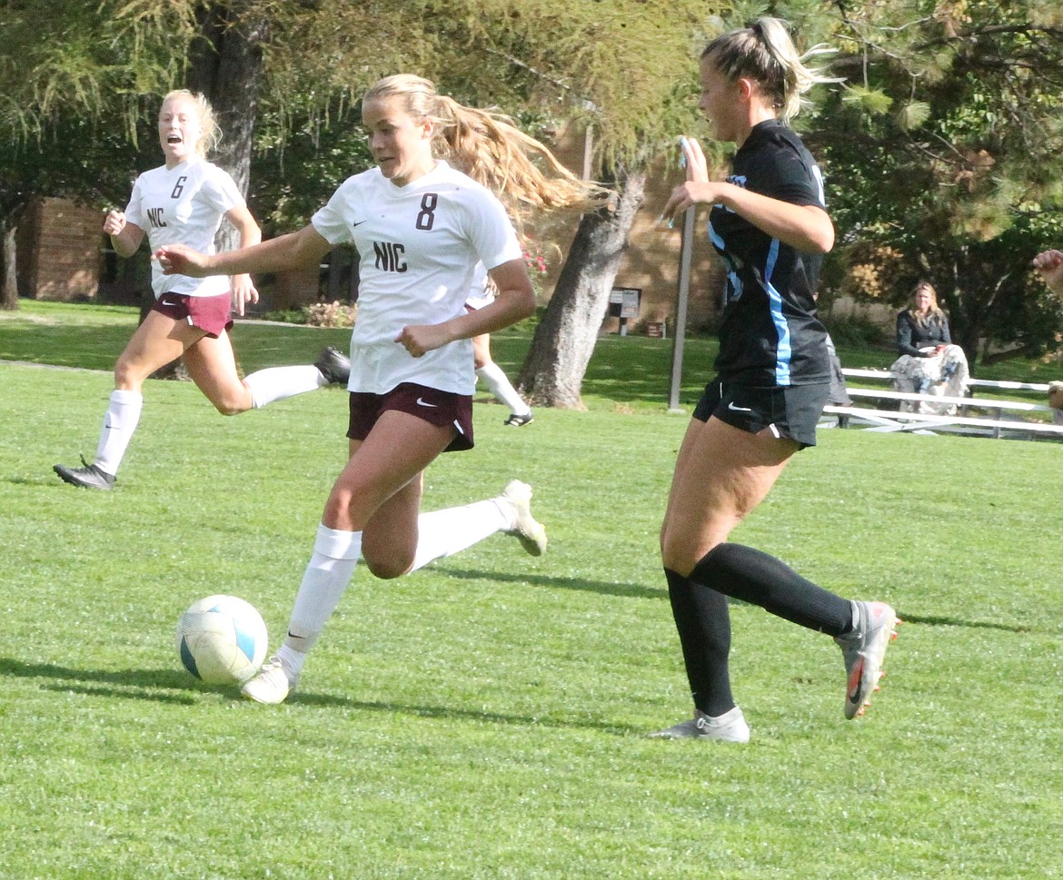 JASON ELLIOTT/Press
North Idaho College forward Addison McCulloch attempts to run down a Community Colleges of Spokane player during the second half of Wednesday's game at Eisenwinter Field.
