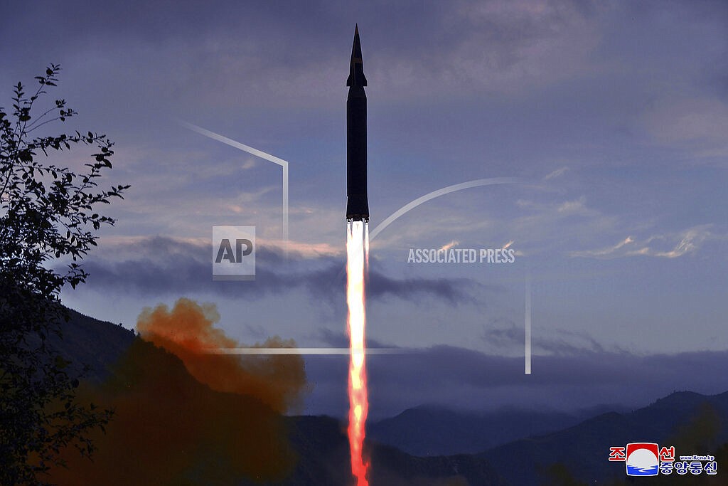 This photo provided by the North Korean government shows what North Korea claims to be a new hypersonic missile launched from Toyang-ri, Ryongrim County, Jagang Province, North Korea, Tuesday, Sept. 28, 2021. North Korea said Wednesday, Sept. 29, 2021 it successfully tested the new hypersonic missile it implied was being developed as nuclear capable as it continues to expand its military capabilities while pressuring Washington and Seoul over long-stalled negotiations over its nuclear weapons. Independent journalists were not given access to cover the event depicted in this image distributed by the North Korean government. The content of this image is as provided and cannot be independently verified. Korean language watermark on image as provided by source reads: "KCNA" which is the abbreviation for Korean Central News Agency. (Korean Central News Agency/Korea News Service via AP)