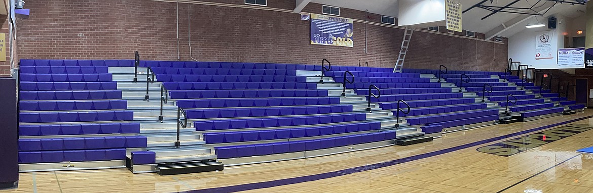 The brand new, fully ADA compliant, purple bleachers at Kellogg High School's Andrews Gymnasium.