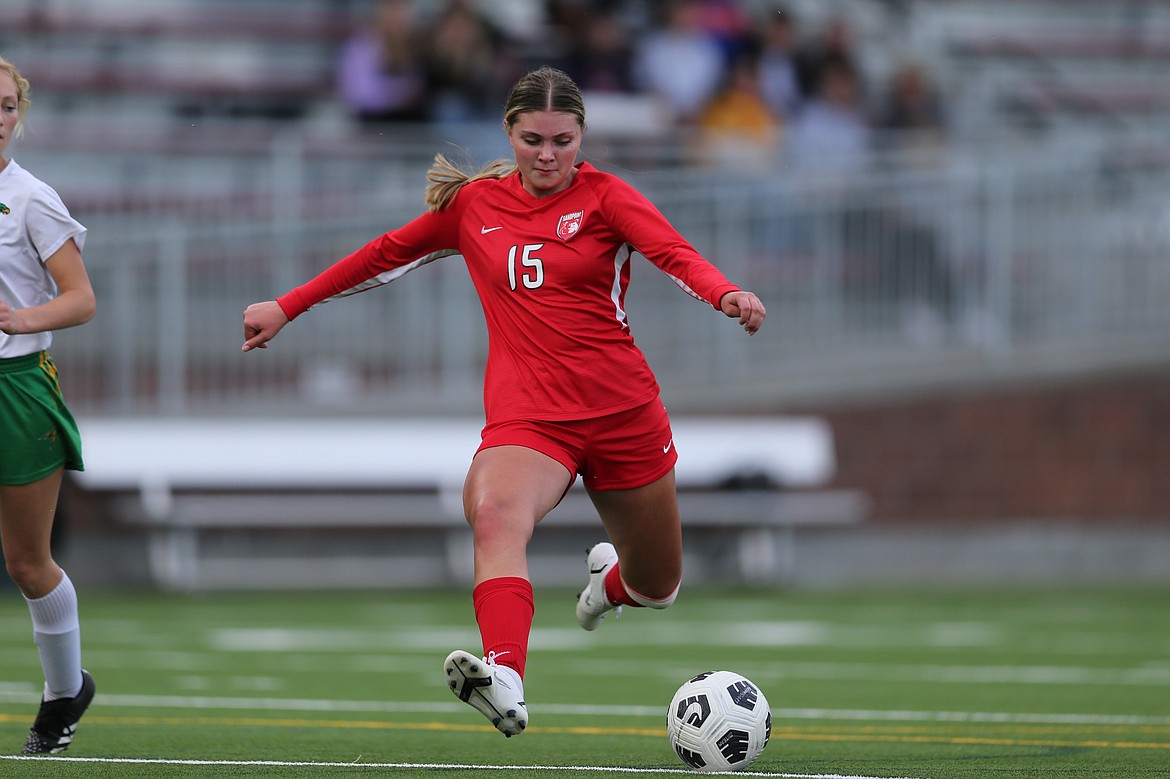 Senior Averie Brewer fires a shot on goal in the first half of Thursday's match.