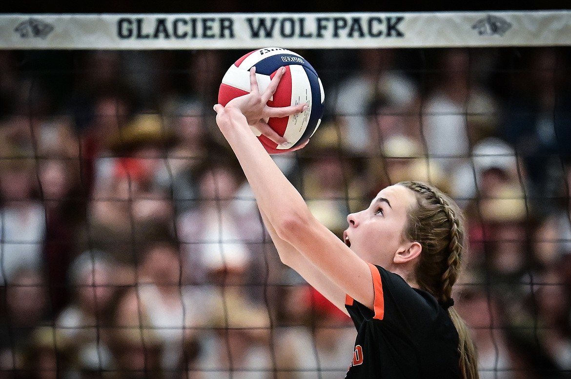 Flathead's Kennedy Moore (9) sets for a teammate against Glacier at Glacier High School on Thursday, Sept. 30. (Casey Kreider/Daily Inter Lake)