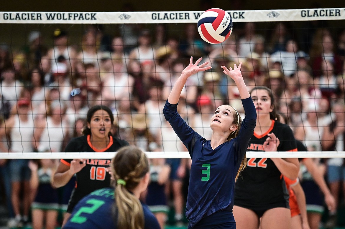 Glacier's Haven Speer (3) sets for a teammate against Flathead at Glacier High School on Thursday, Sept. 30. (Casey Kreider/Daily Inter Lake)