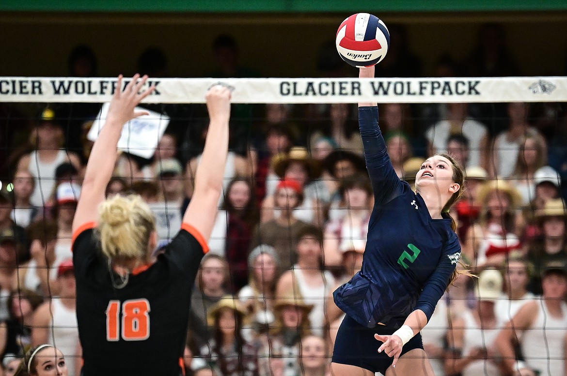 Glacier's Sidney Gulick (2) goes up for a kill against Flathead at Glacier High School on Thursday, Sept. 30. (Casey Kreider/Daily Inter Lake)