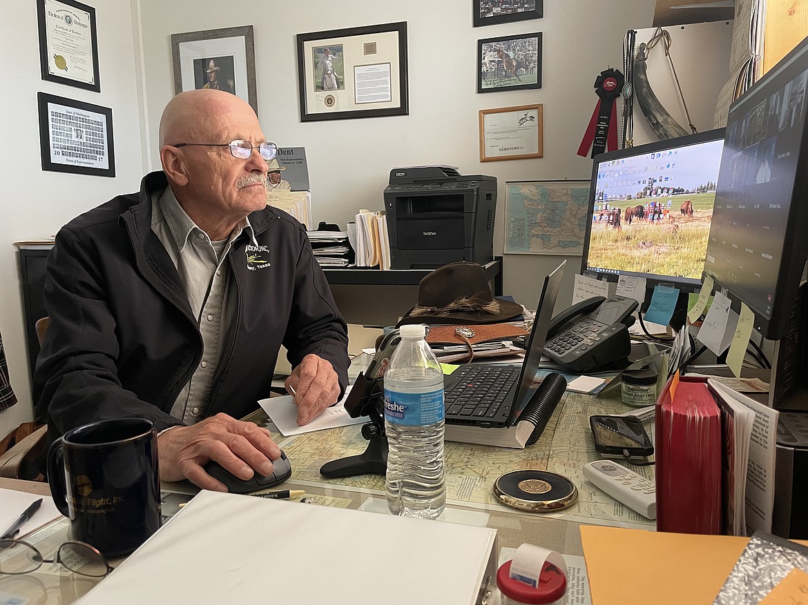 Rep. Tom Dent, R-Moses Lake, in his office at his hangar at the Moses Lake Municipal Airport, begins an online meeting with other legislators to talk about the ongoing drought.