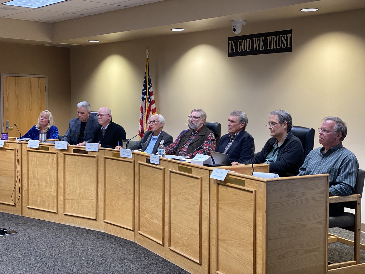 Members of the Optional Forms of Government Study Commission listened to two hours of public testimony about their task to evaluate the Kootenai County operational structure. From left, Tamara Bateson, Bruce Mattare, Brian Cleary, Phil Ward, Dave Botting, Bob Fish, Kurt Andersen, Bryant Bushling. (MADISON HARDY/Press)