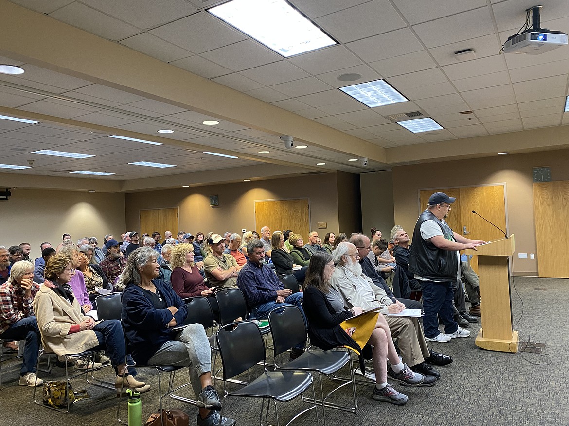 Randy Neal stood in front of nearly 100 Kootenai County residents who attended the Optional Forms of Government Study Commission public hearing Wednesday night. (MADISON HARDY/Press)