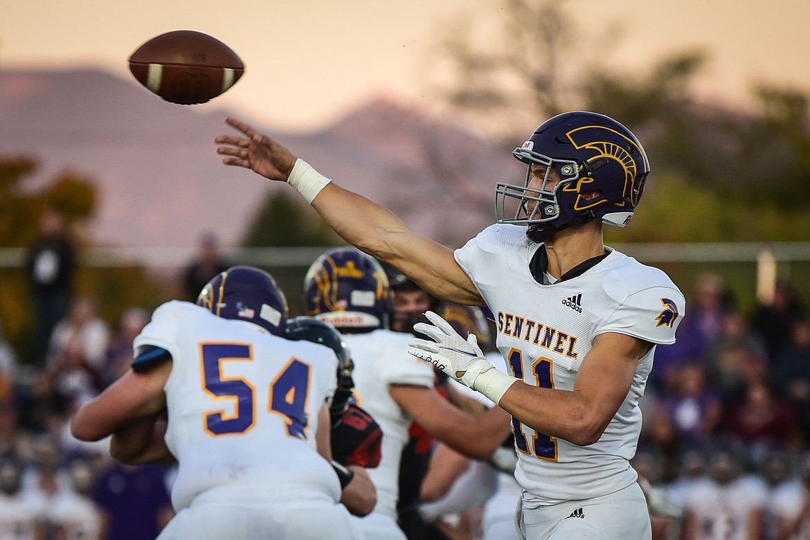 Missoula Sentinel quarterback Zac Crews (11) throws in the first quarter against Flathead at Legends Stadium on Friday, Oct. 1. (Casey Kreider/Daily Inter Lake)