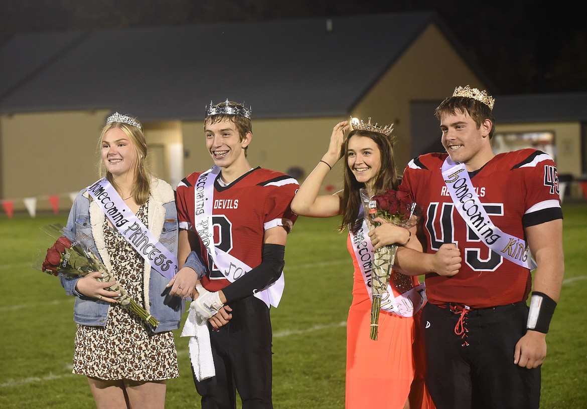 Noxon High School celebrated Homecoming at last Friday's football game vs. West Yellowstone. From left, are princess Jaedyn Murray, Nathan Cano, queen Riley Richter and king Cade Van Vleet. (Scott Shindledecker/Valley Press)