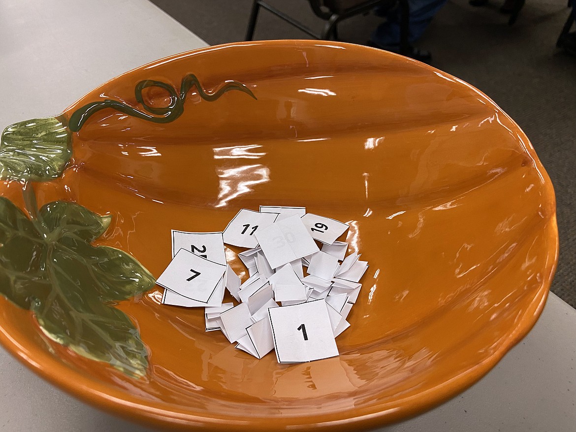 A Thanksgiving-themed bowl contains slips of paper with the numbers of voting precincts in the county. The slips were used to determined which precincts to use in the partial recount.