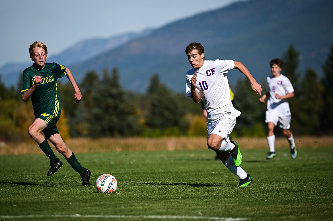 Columbia Falls Kai Golan (10) pushes the ball upfield in the second half against Whitefish at Smith Fields on Saturday. (Casey Kreider/Daily Inter Lake)