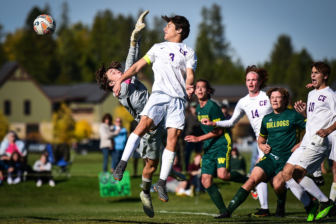 Columbia Falls' Josiah Kilman (3) scores a goal on a header off a corner kick in the second half against Whitefish at Smith Fields on Saturday. (Casey Kreider/Daily Inter Lake)