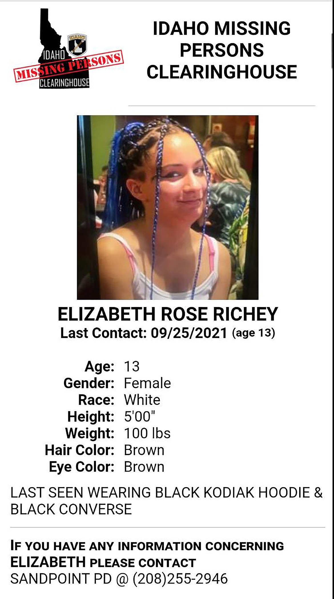 Detectives with the Sandpoint Police Department are asking for the public’s help in locating a missing 13-year old girl, Elizabeth “Rose” Richey.