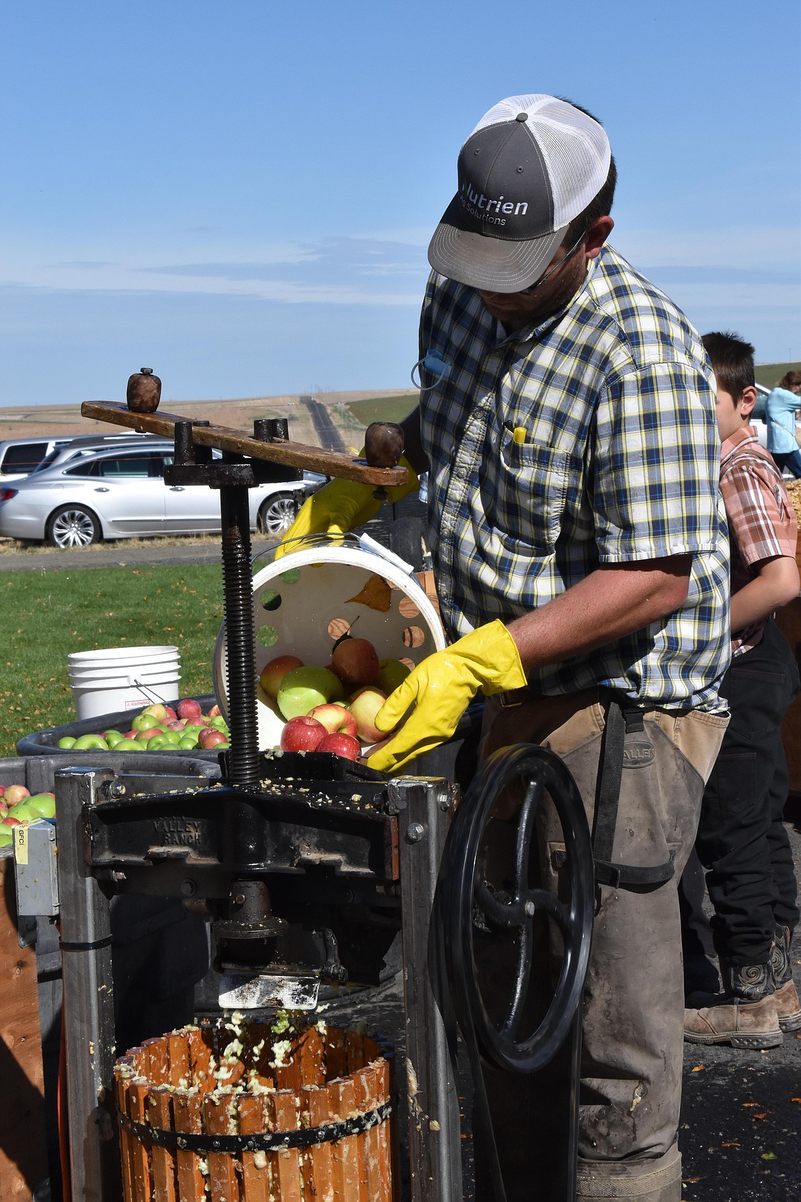 Aaron Reimer pours apples into the chopper before they are pressed into sweet cider at the auction.