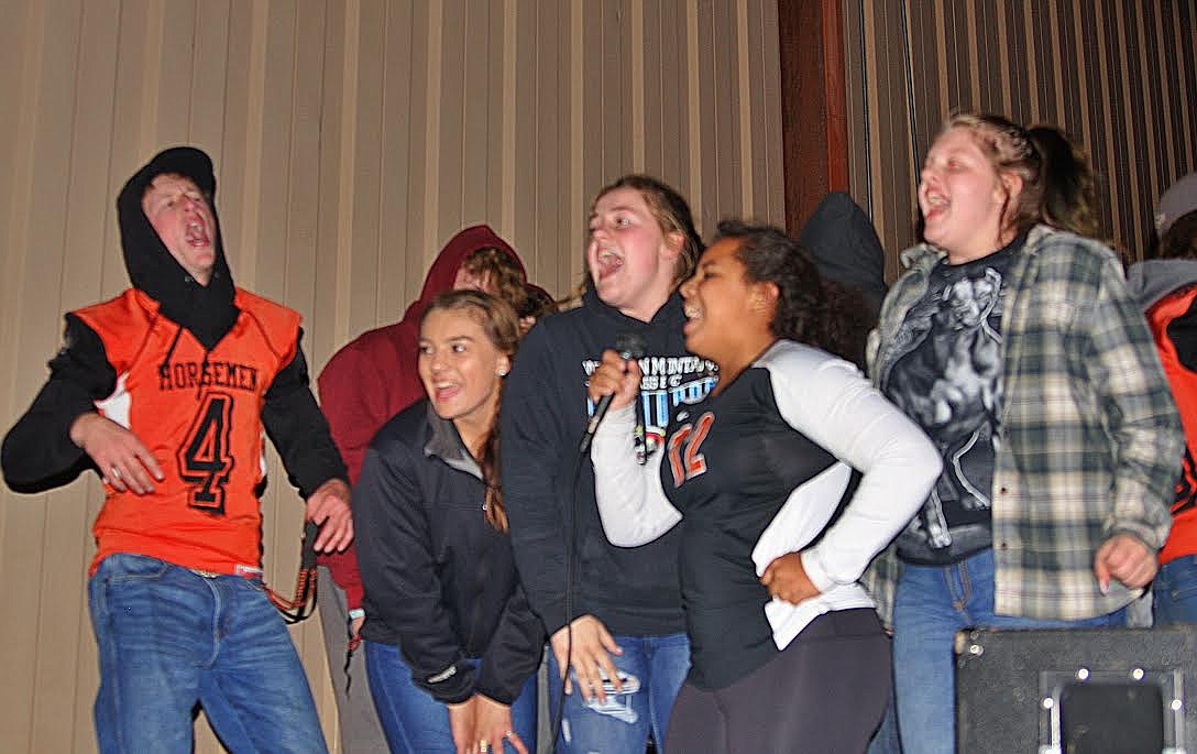 A group of Plains High School juniors belt out the class song. They won the competition. (Photo courtesy Jessica Peterson)