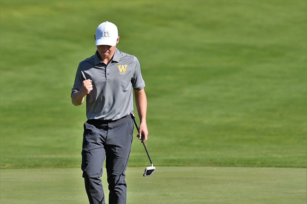 Bulldog Johnny Nix with the fist pump after making a birdie on hole No. 9 on the first day of the State A golf tournament in Polson. (Jeff Doorn photo)