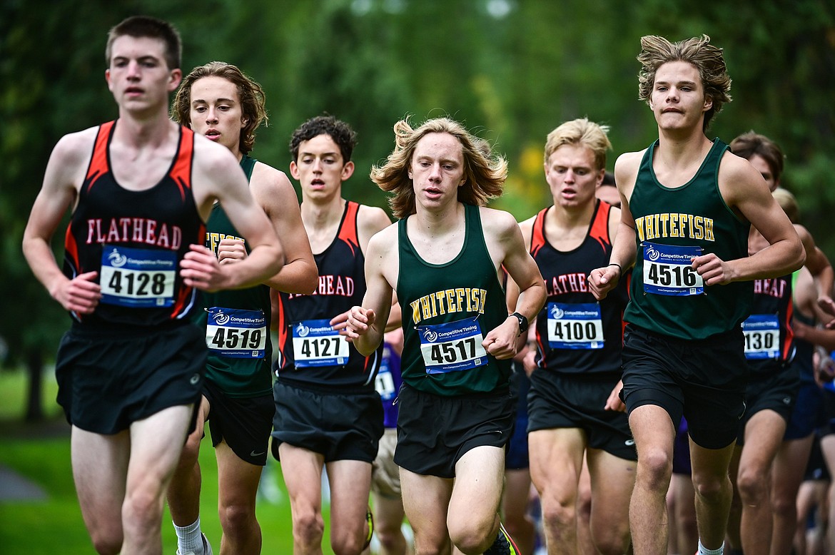 Whitefish boys Deneb Linton (4519), Jacob Henson (4517) and Mason Genevese placed second, fifth and fourth at the Whitefish Invite on the South Course of Whitefish Lake Golf Club on Tuesday, Sept. 28. (Casey Kreider/Daily Inter Lake)