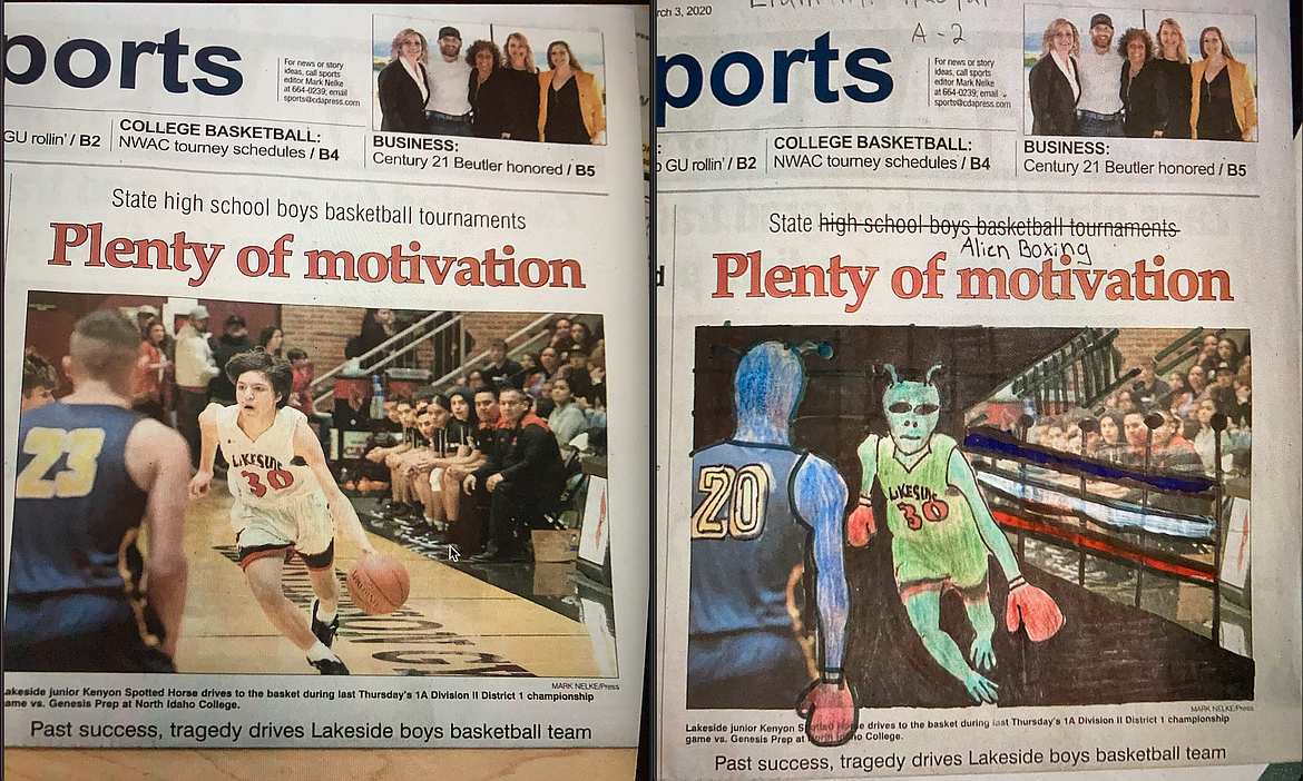 This side-by-side shows the before and after of 10th grader Liam McNamara's project. Students at Lake City High School used copies of The Coeur d'Alene Press for an ethics assignment in which they had to change at least 50% of a photo to make the artwork their own. HANNAH NEFF/Press