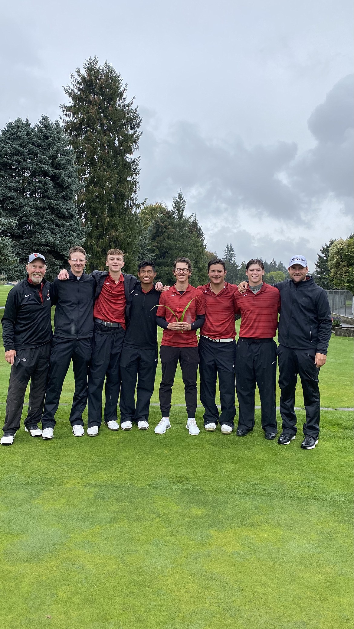 Photo courtesy of RUSSELL GROVE
The North Idaho College men's golf team captured the team title at the Multnomah Invitational on Tuesday at Club Green Meadows Golf Club in Vancouver, Wash. From left, are: assistant coach Russ Grove, Tyler Vassar, James Baldauf, Xavier De La Rosa, James Swan, Aidan Goldstein, Jamen Parsons and head coach Russell Grove.